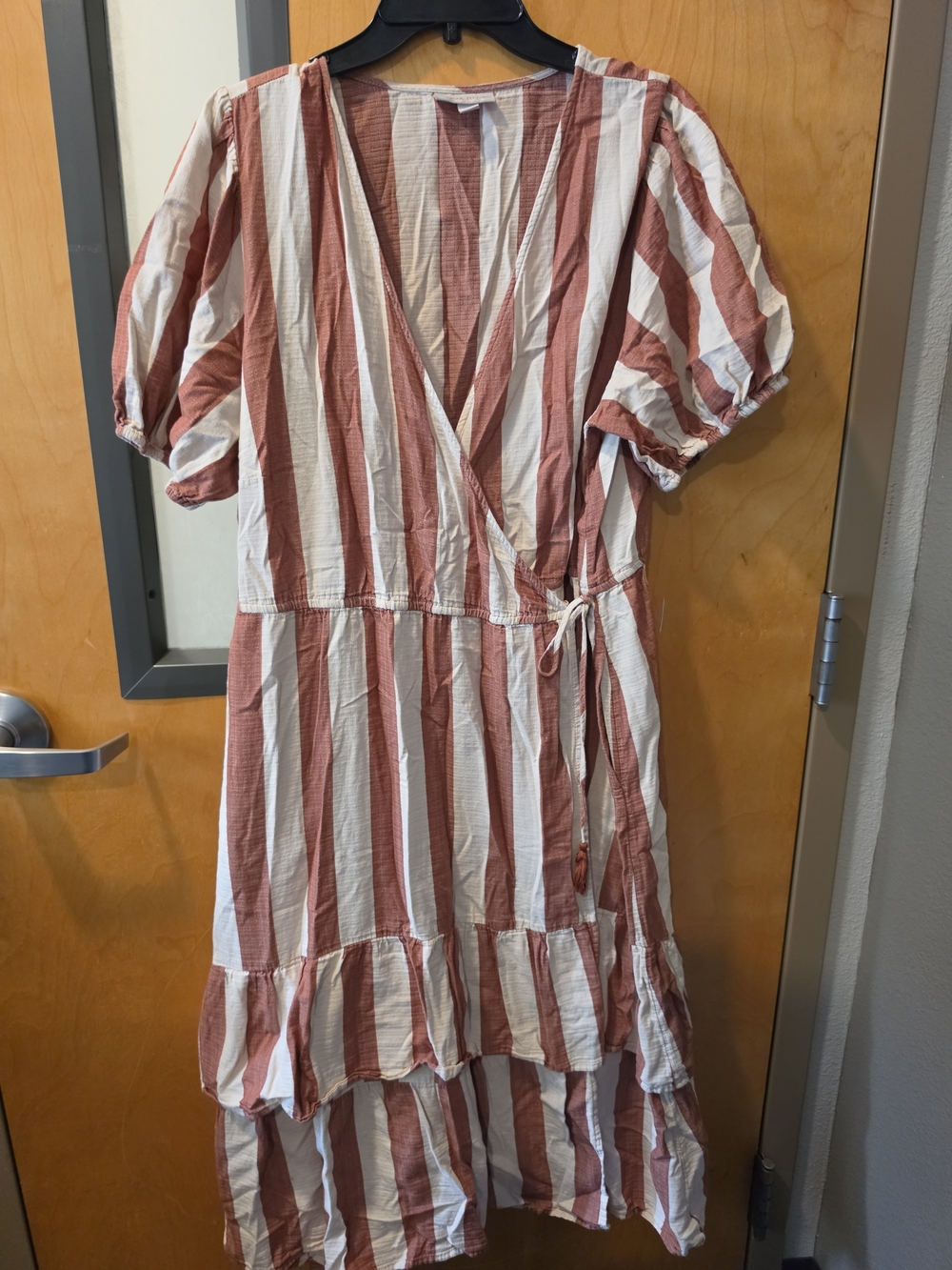 Striped Wrap Midi Dress in Dusty Rose and White